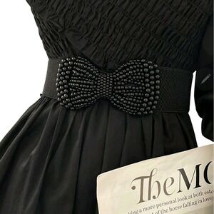 Beaded Bow Belt Elastic Waistband Black Dress Belt Women's Fashion Accessory